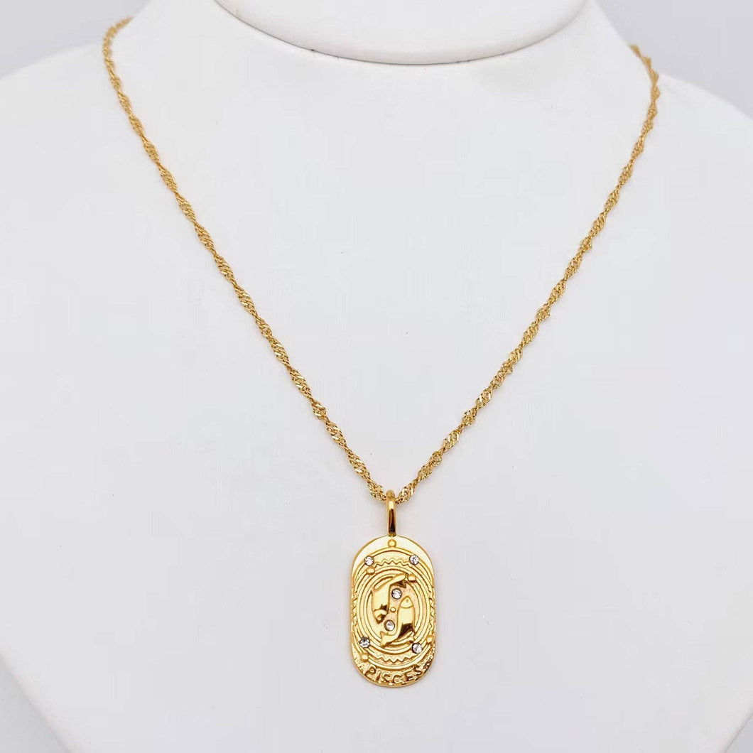 Zodiac Design Gold Plated 12 Constellation Pendant Necklace: Pisces