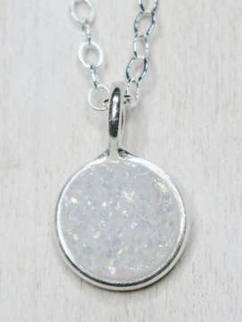 Tiny Silver Bezel Druzy Necklace - 8MM Rainbow White