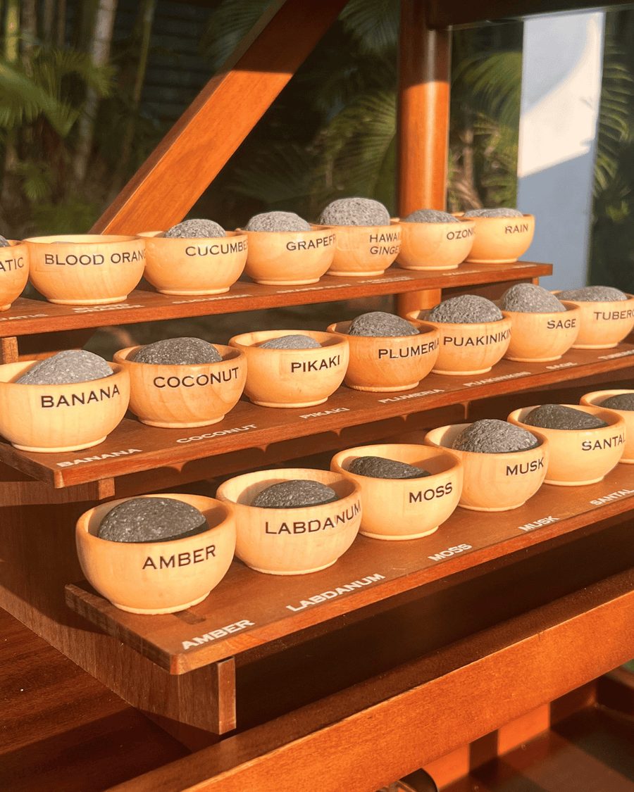 Fragrance Lab scent bar setup with labeled single-origin scent bowls