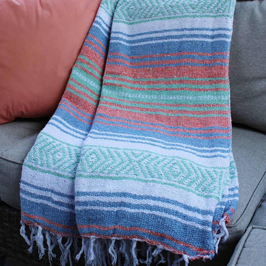 Sorbet Mexican Throw Blanket | Coral, Aqua & Blue Baja Beach